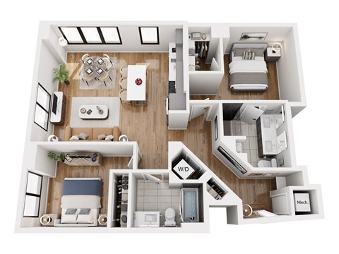Floor plan for 2 beds, 2 baths, 1075 sqft